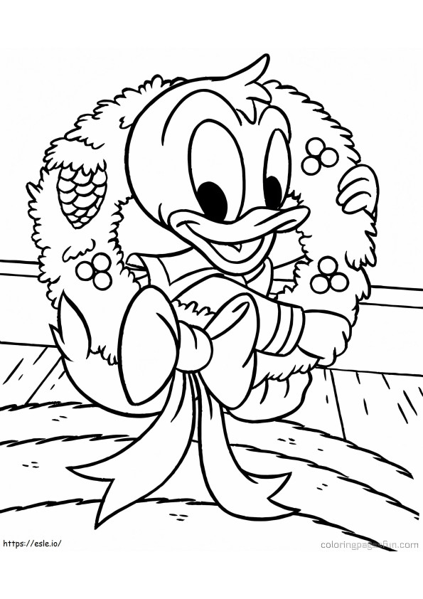 Coloriage Donald Duck avec une couronne de Noël à imprimer dessin