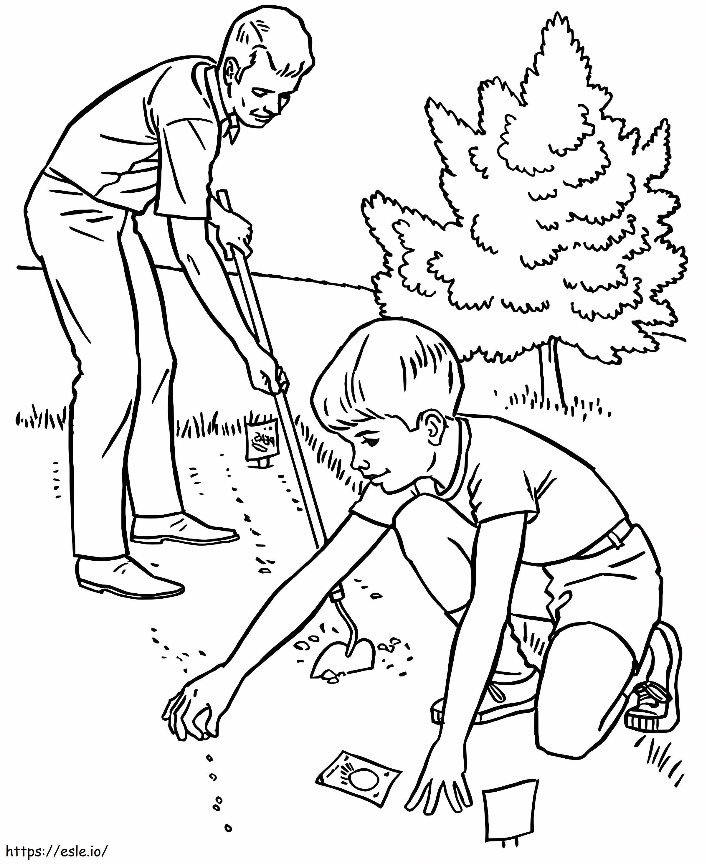 Father And Son Planting Seeds In The Garden coloring page