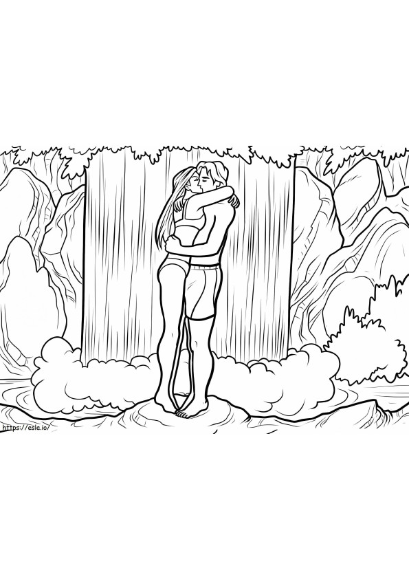 Kissing Scene Waterfall coloring page