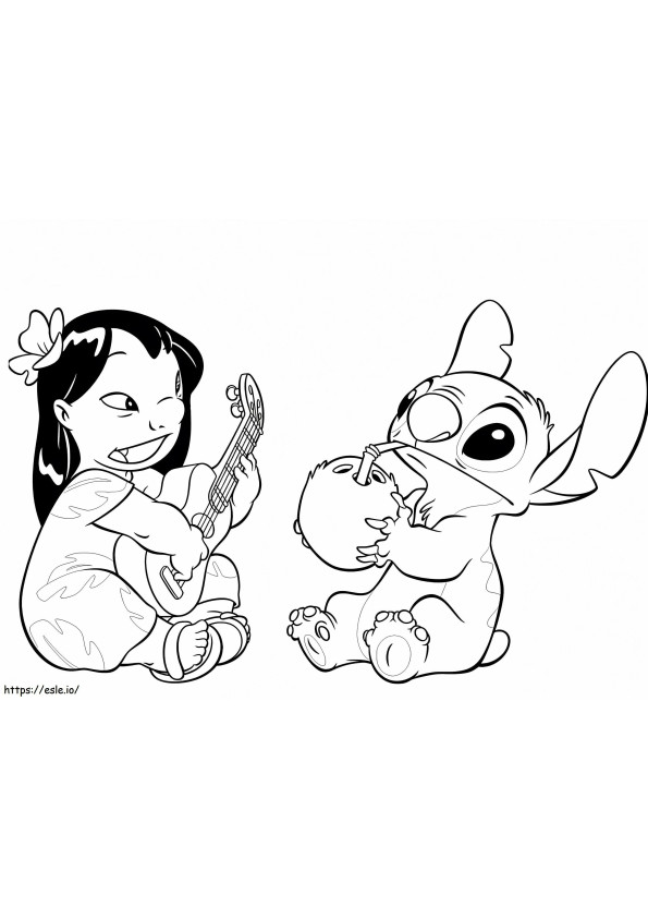 Lilo Playing Guitar And Stitch Drinking Coconut Water