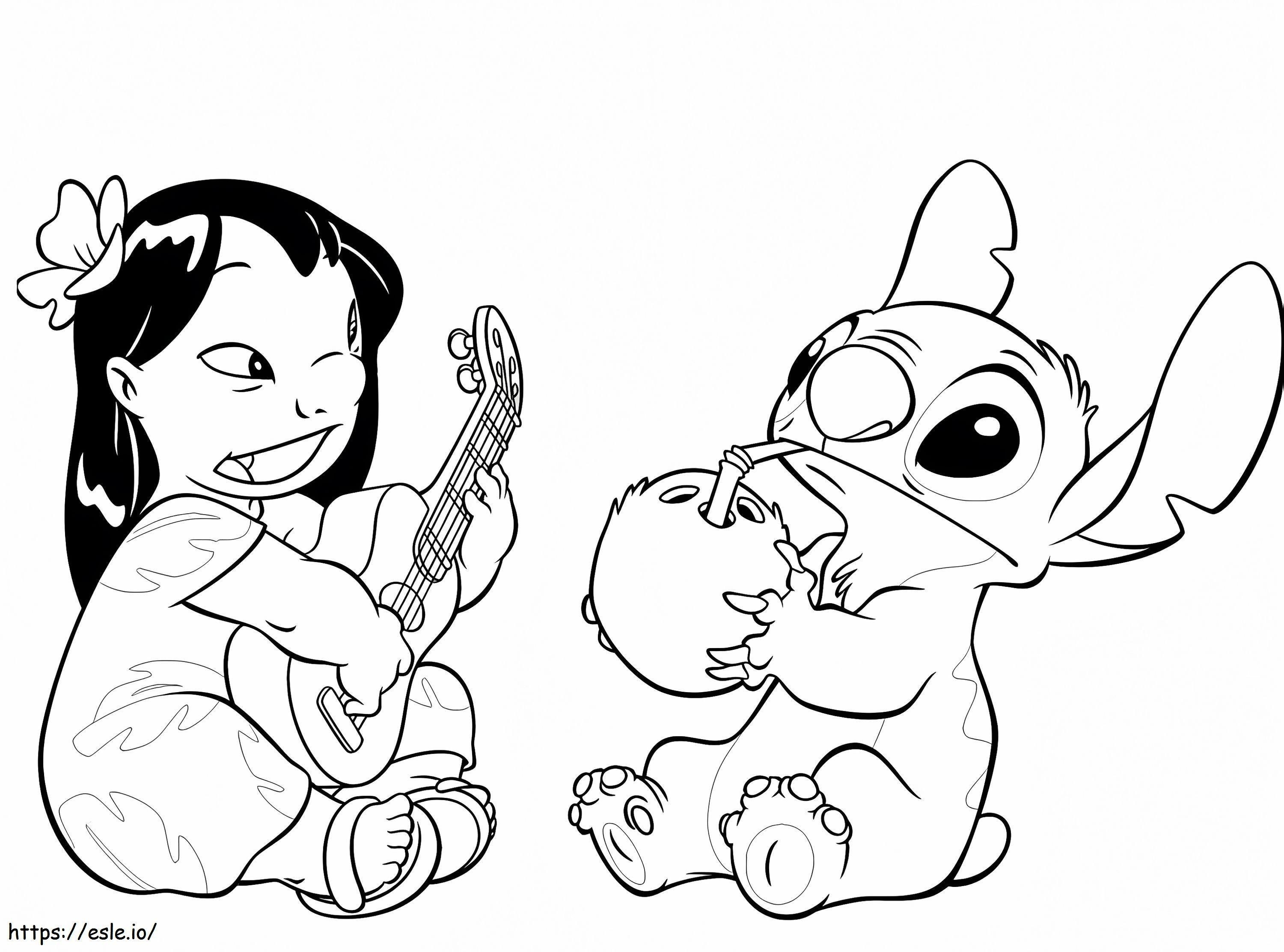 Lilo Playing Guitar And Stitch Drinking Coconut Water coloring page