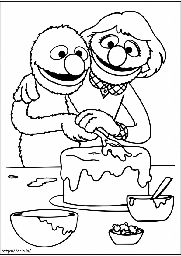 Coloriage Grover glaçant un gâteau à imprimer dessin