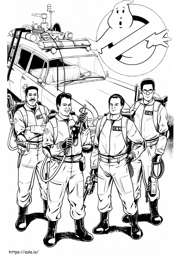 Coloriage Quatre personnages avec le logo Ghostbusters à imprimer dessin