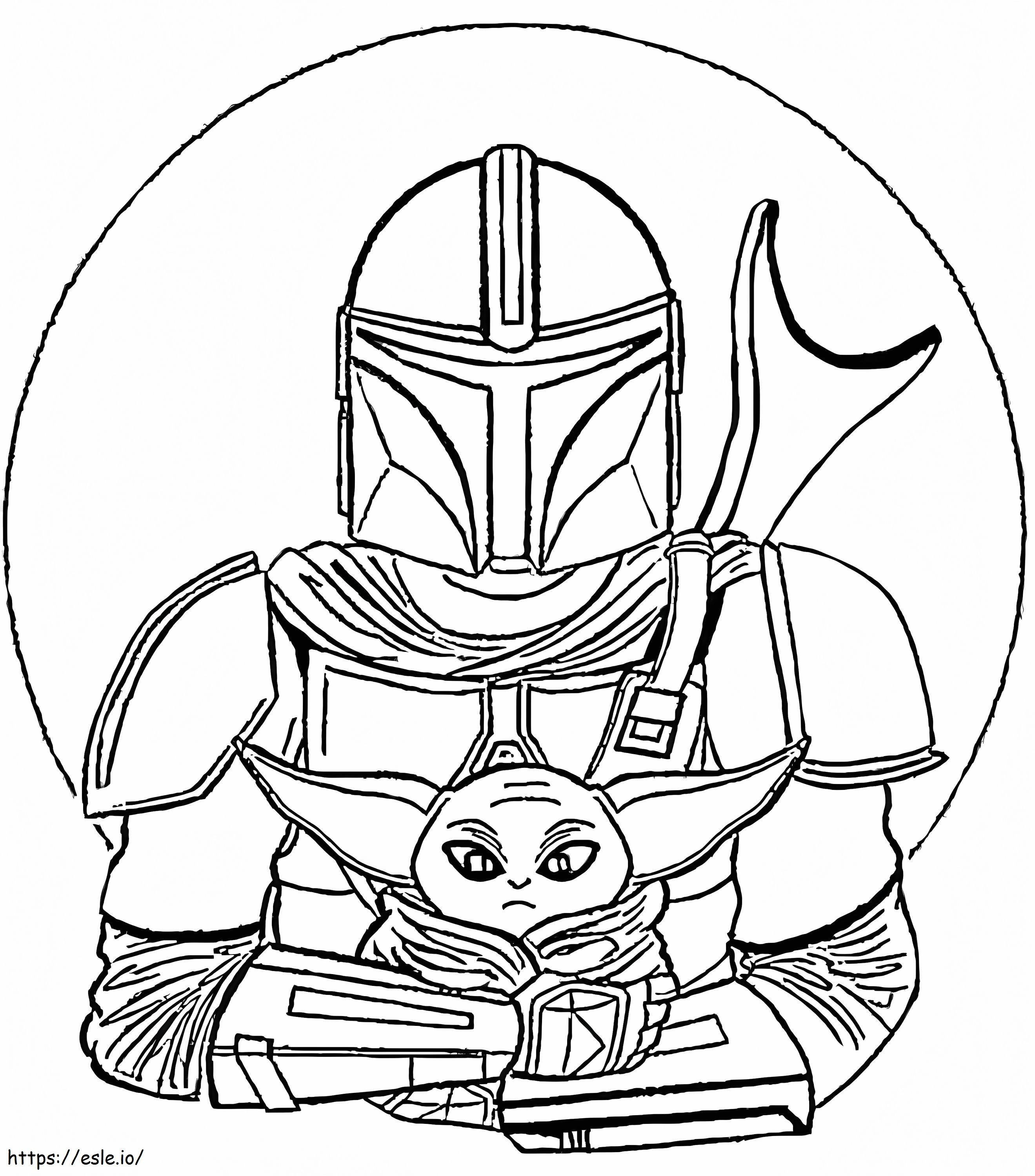 Coloriage Mandalorien avec bébé Yoda à imprimer dessin