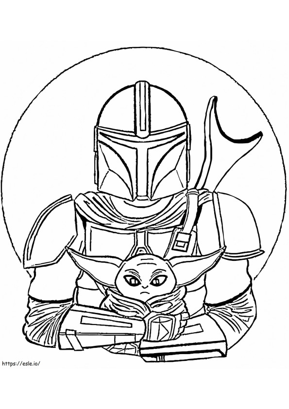 Coloriage Mandalorien avec bébé Yoda à imprimer dessin