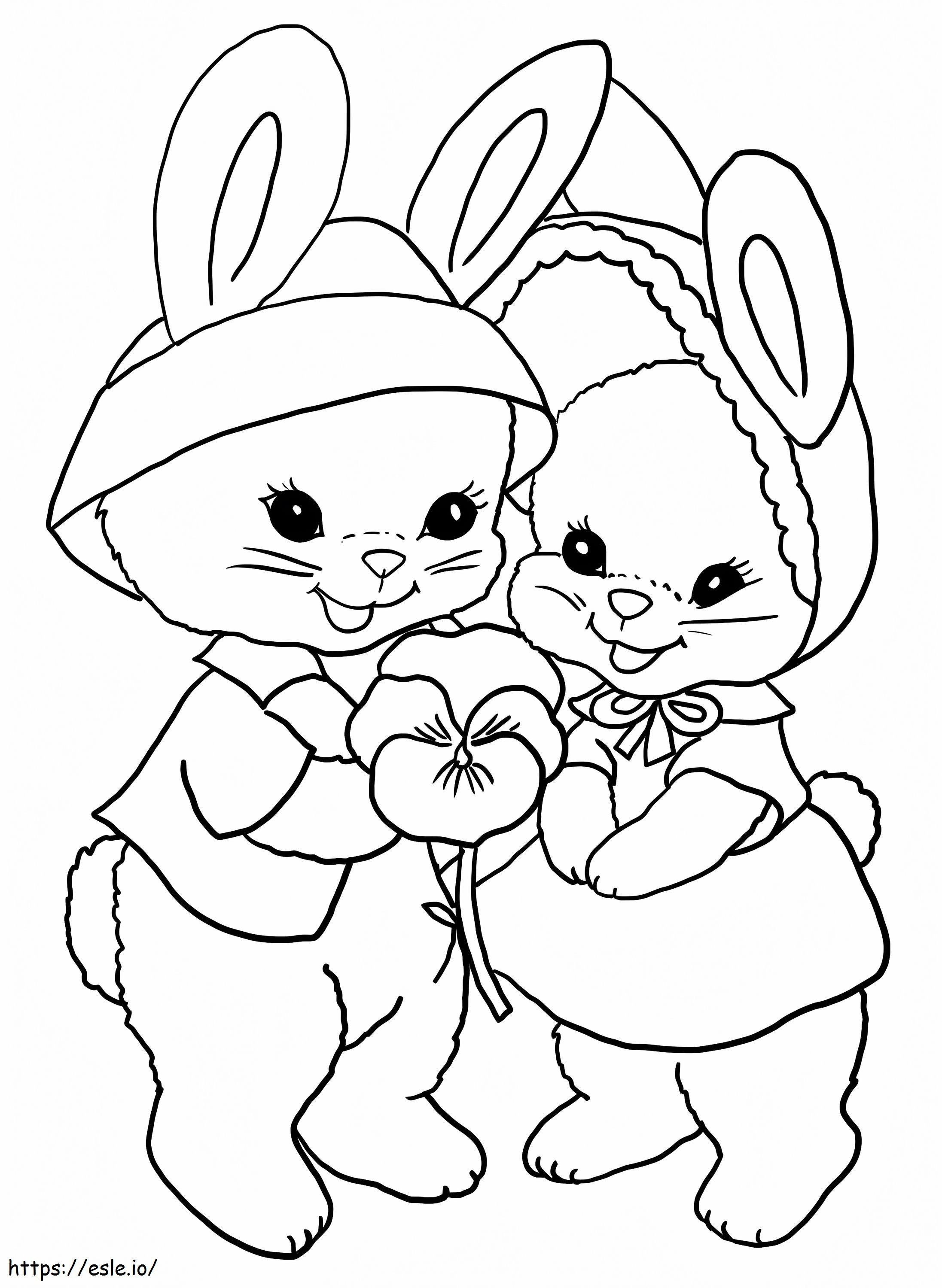 Coelhinhos da Páscoa com flor de amor-perfeito para colorir