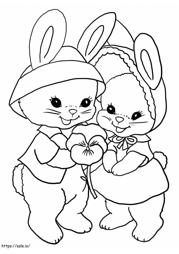 Coelhinhos da Páscoa com flor de amor-perfeito para colorir
