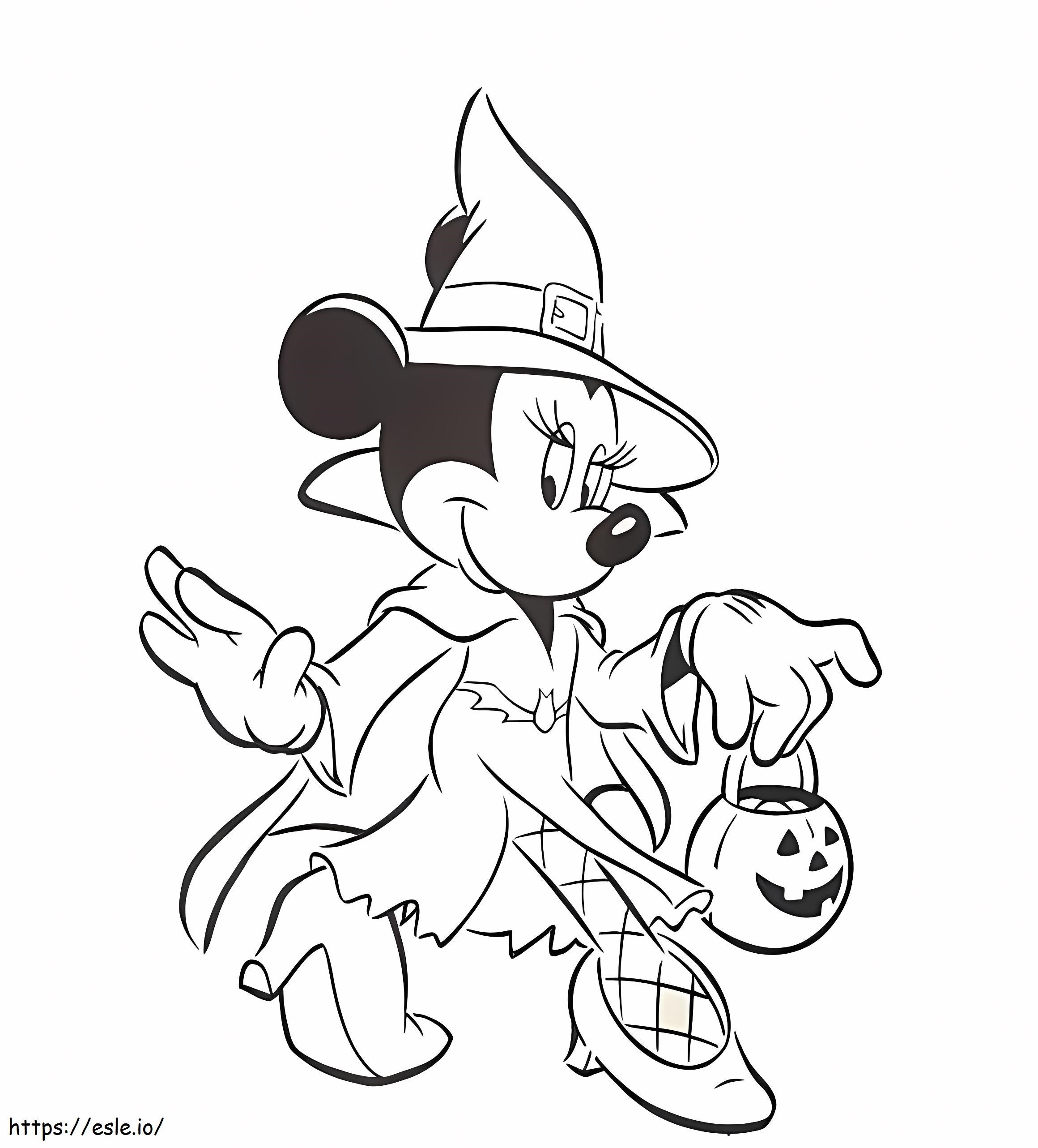 Bruja de Minnie Mouse sosteniendo calabaza para colorear