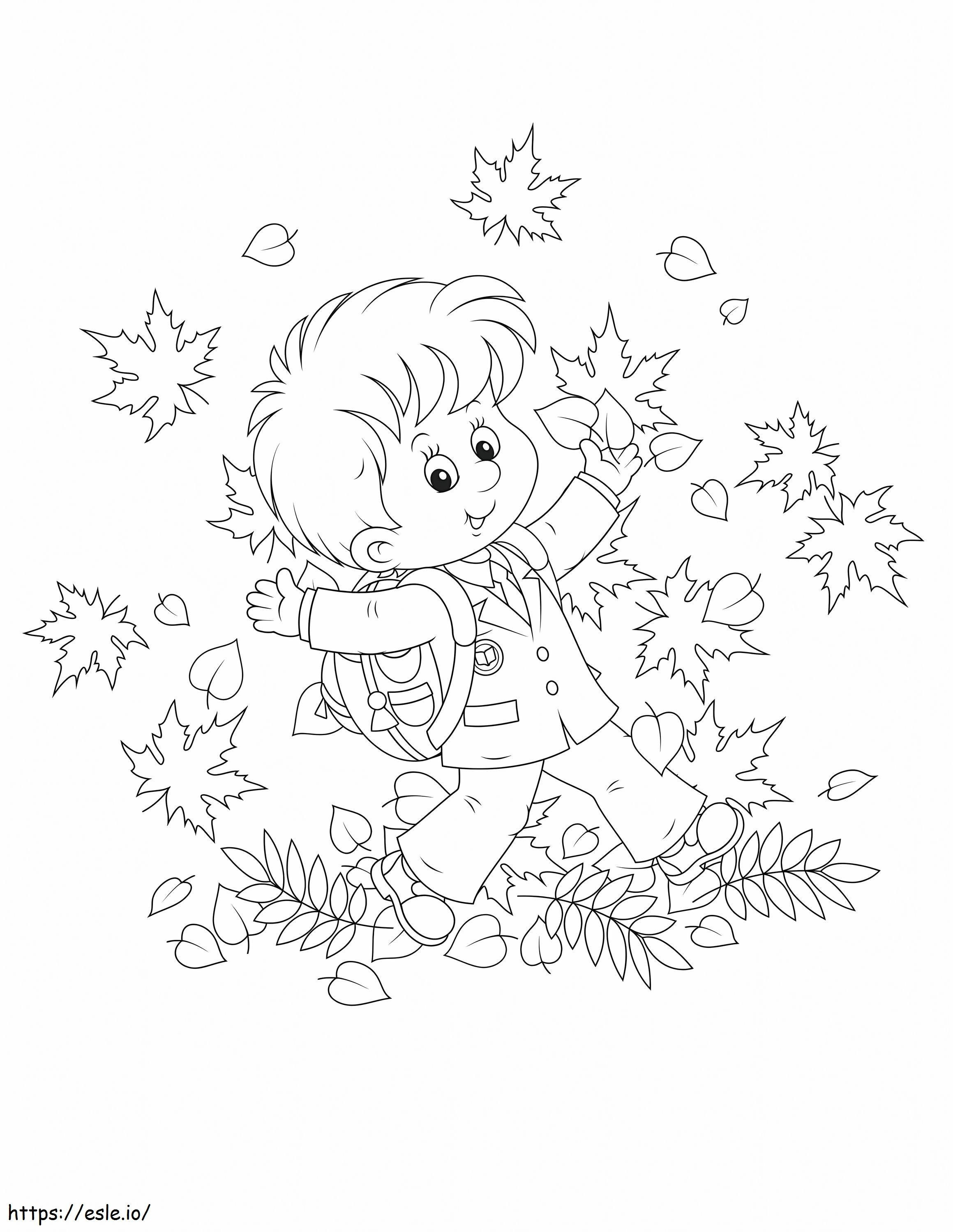 Menino feliz com folhas no outono para colorir