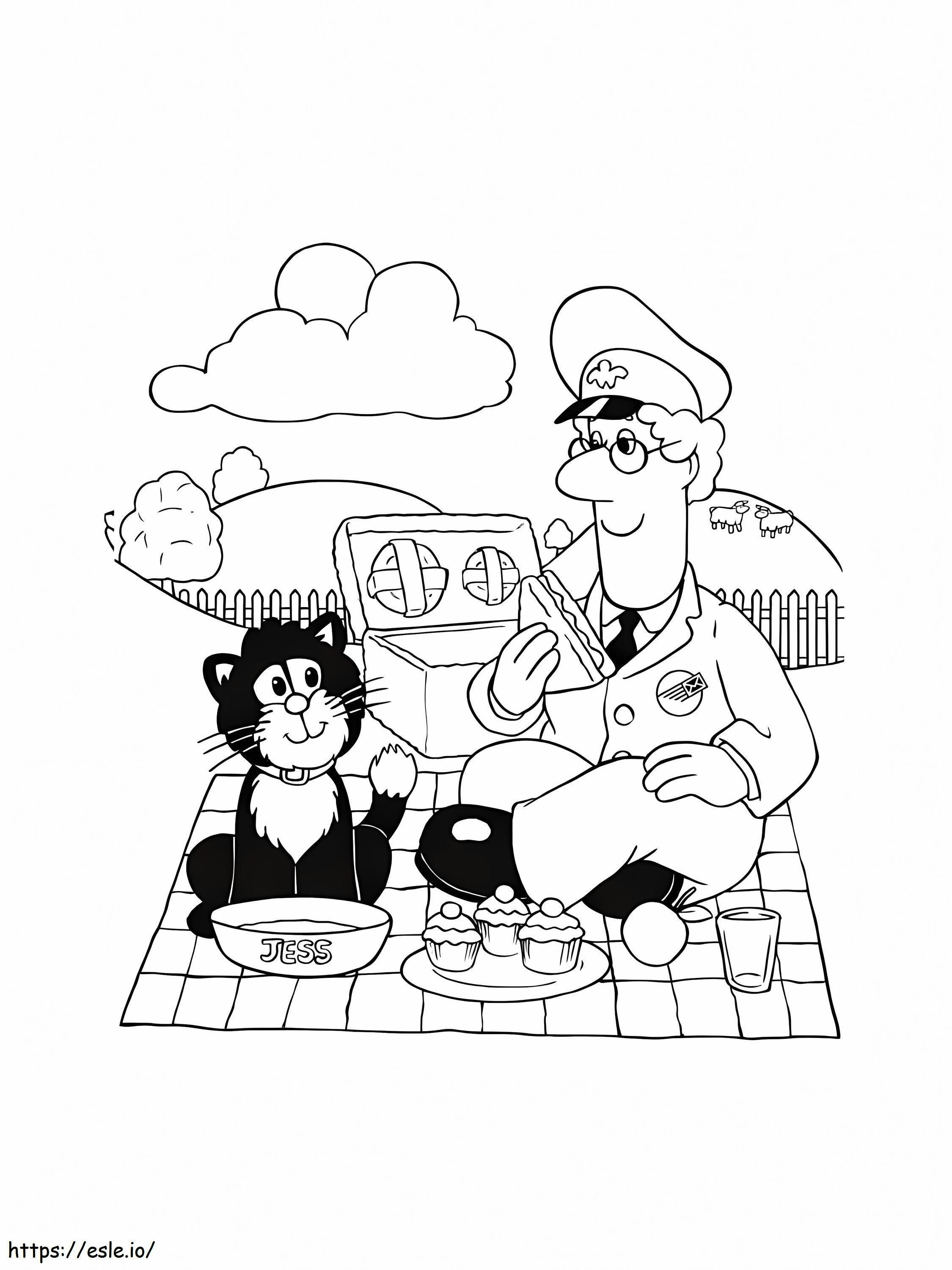郵便配達員と座る猫 ぬりえ - 塗り絵