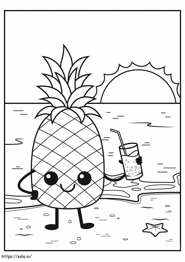 Coloriage Ananas souriant sur la plage à imprimer dessin