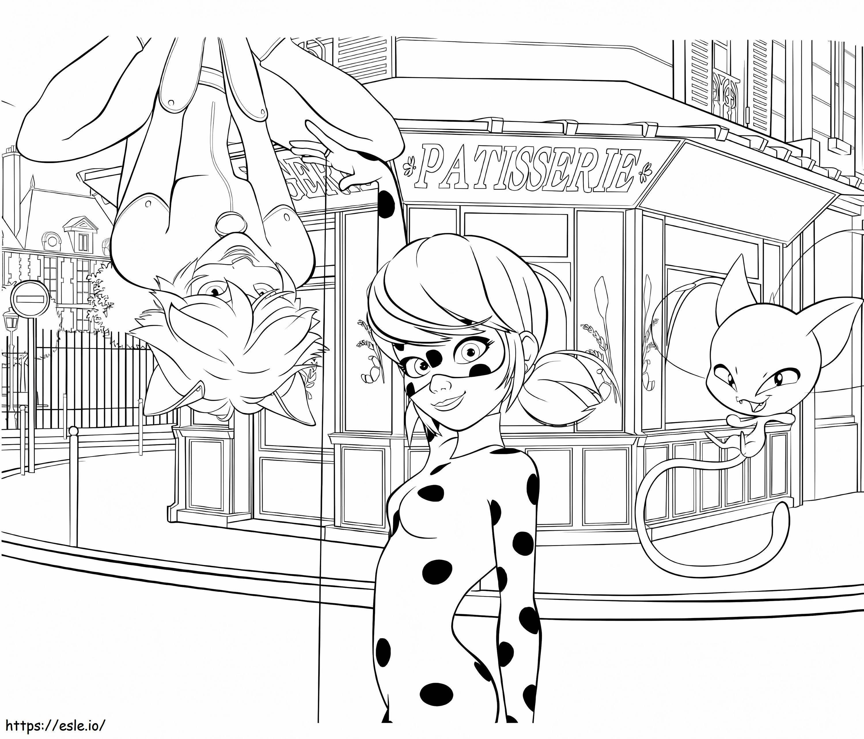 The Streets Of Paris Are Guarded By Ladybug And Black Cat coloring page