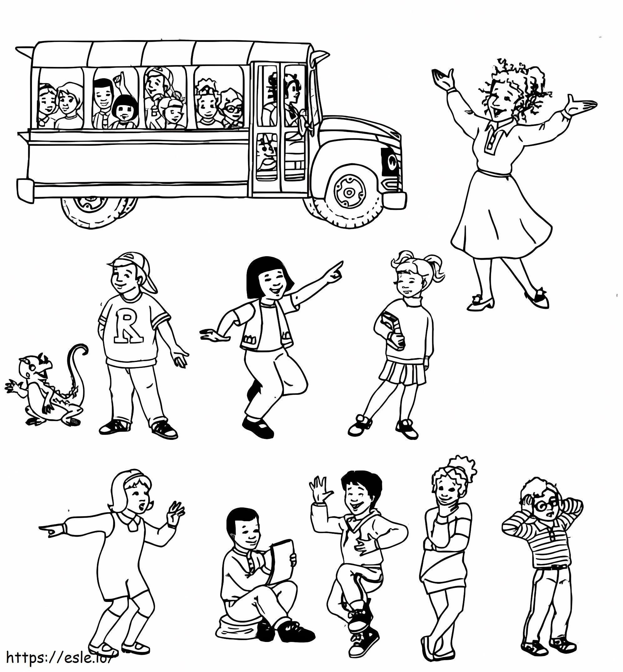 Coloriage Enfants et bel autobus scolaire à imprimer dessin