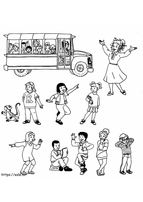 Children And Beautiful School Bus coloring page