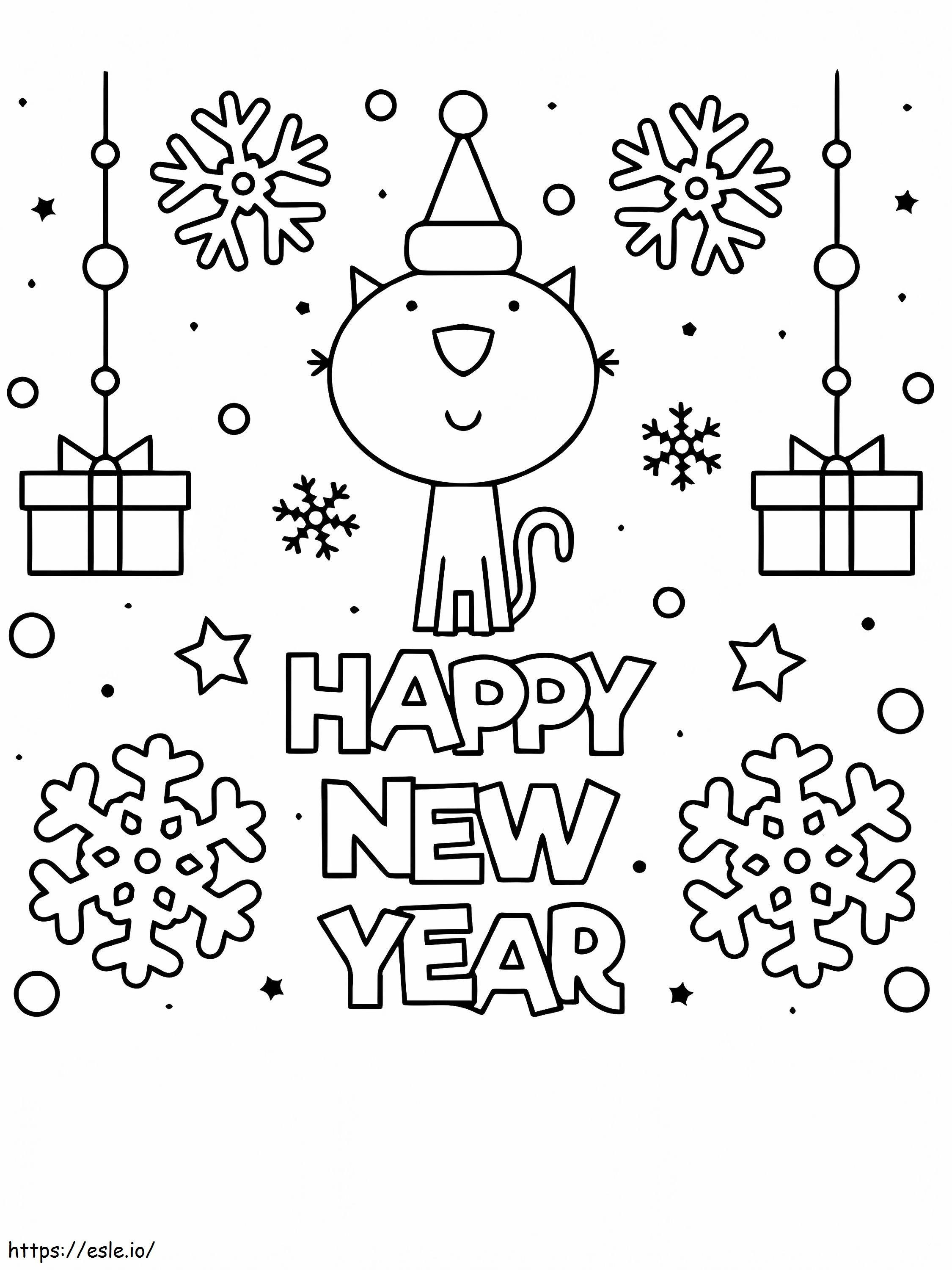 Happy New Year Cat Coloring Page coloring page