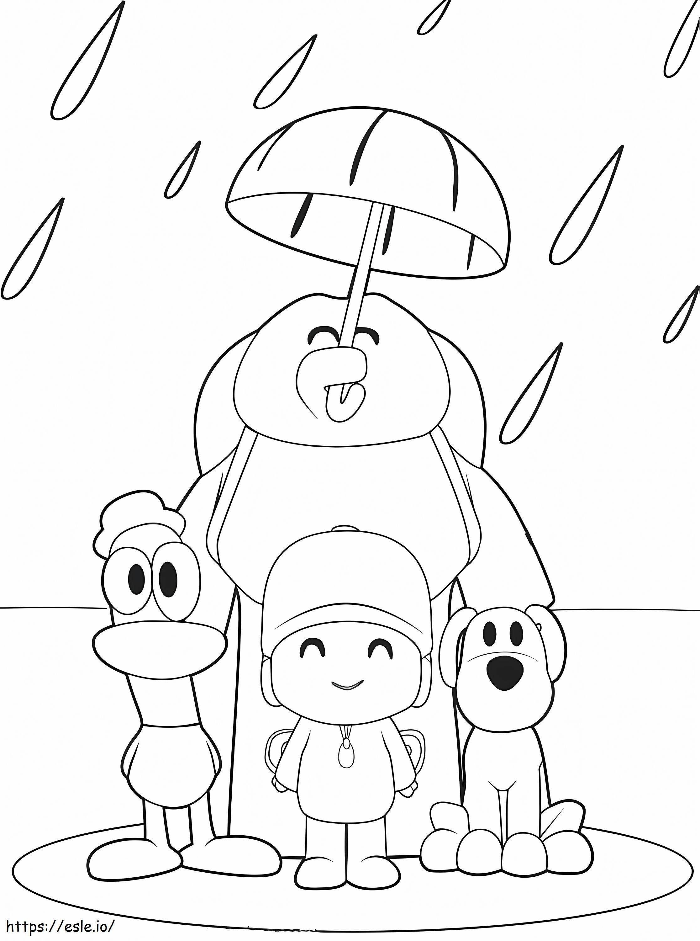 Pocoyo e gli amici in piedi sotto la pioggia da colorare