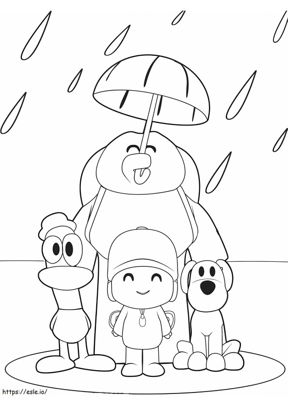 Pocoyó y sus amigos parados bajo la lluvia para colorear