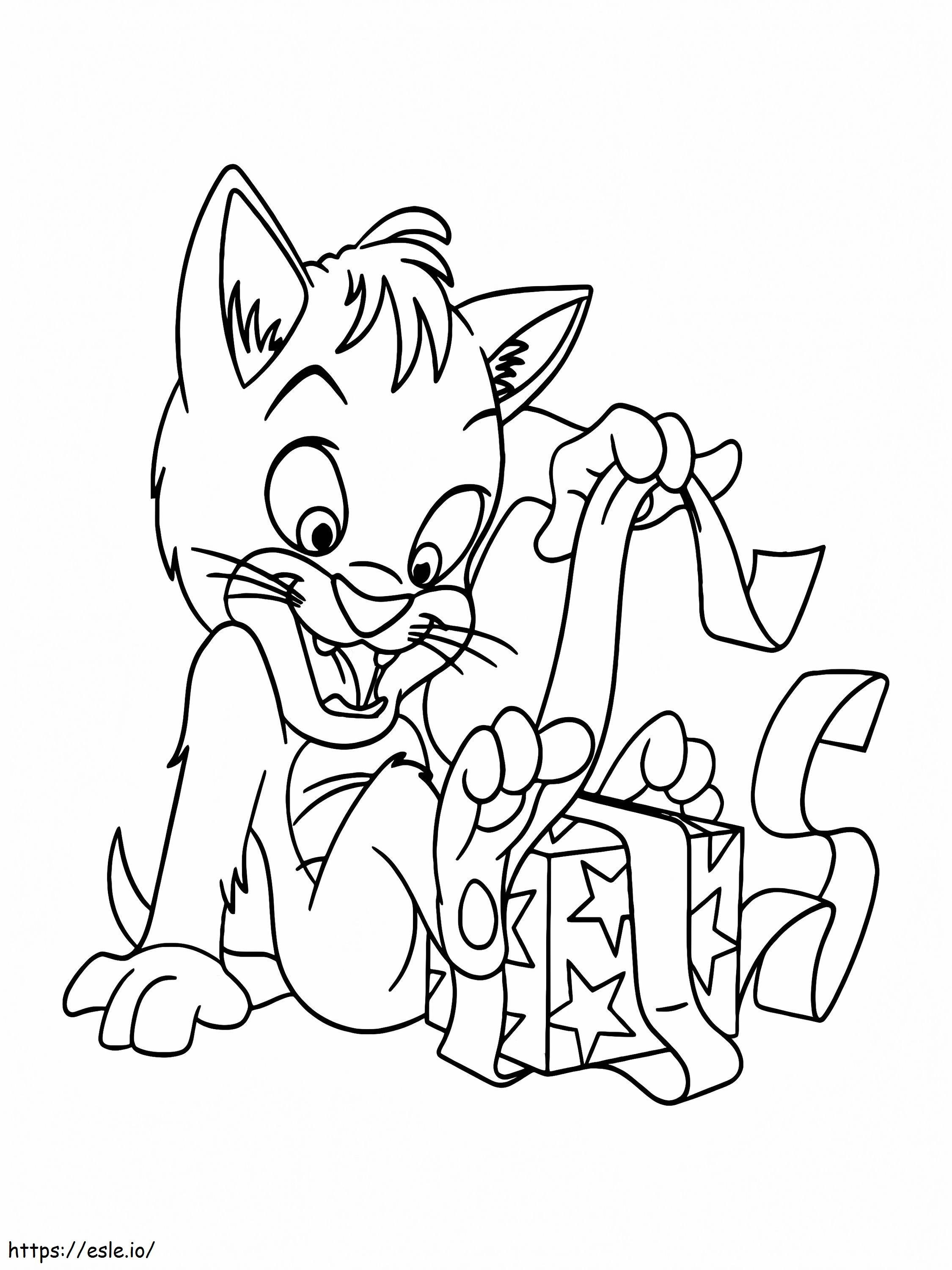 Coloriage Chat de Noël ouvrant un cadeau à imprimer dessin