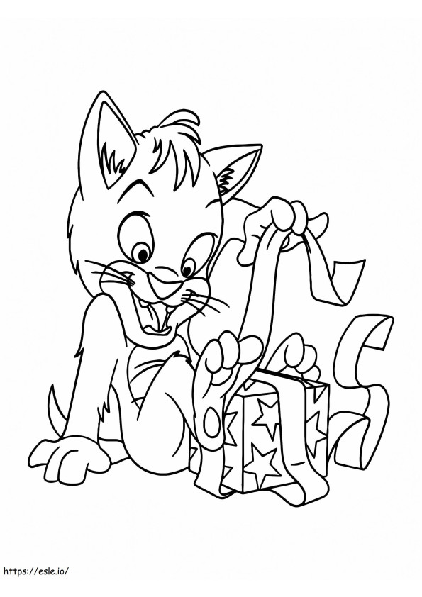 Gato de Natal abrindo um presente para colorir