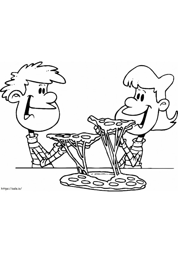 Kaksi lasta syömässä pizzaa värityskuva