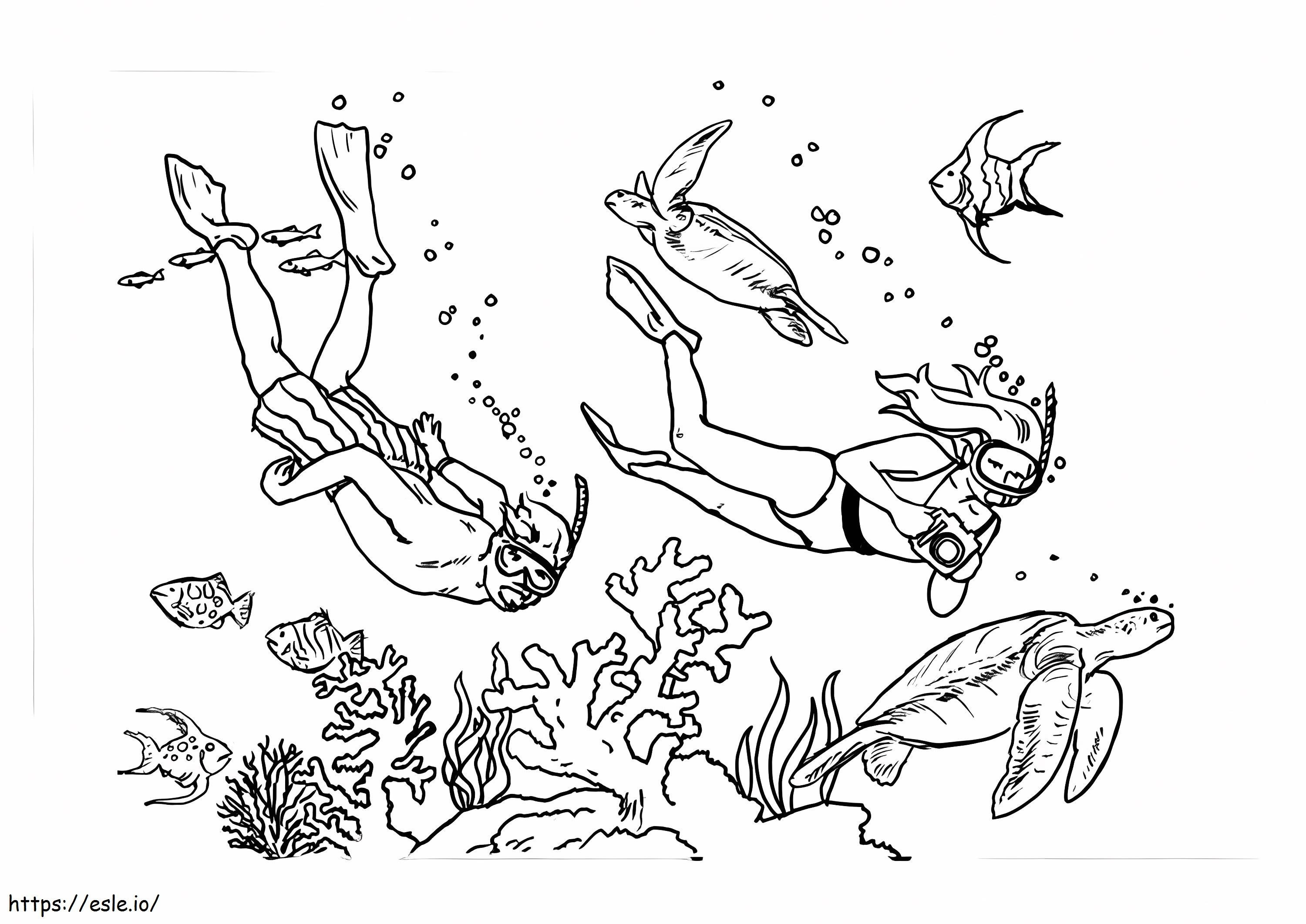 Deniz Hayvanlarıyla Dalış Yapan Kız ve Erkek boyama