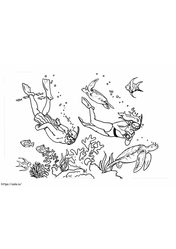 Coloriage Garçon et fille plongeant avec des animaux marins à imprimer dessin