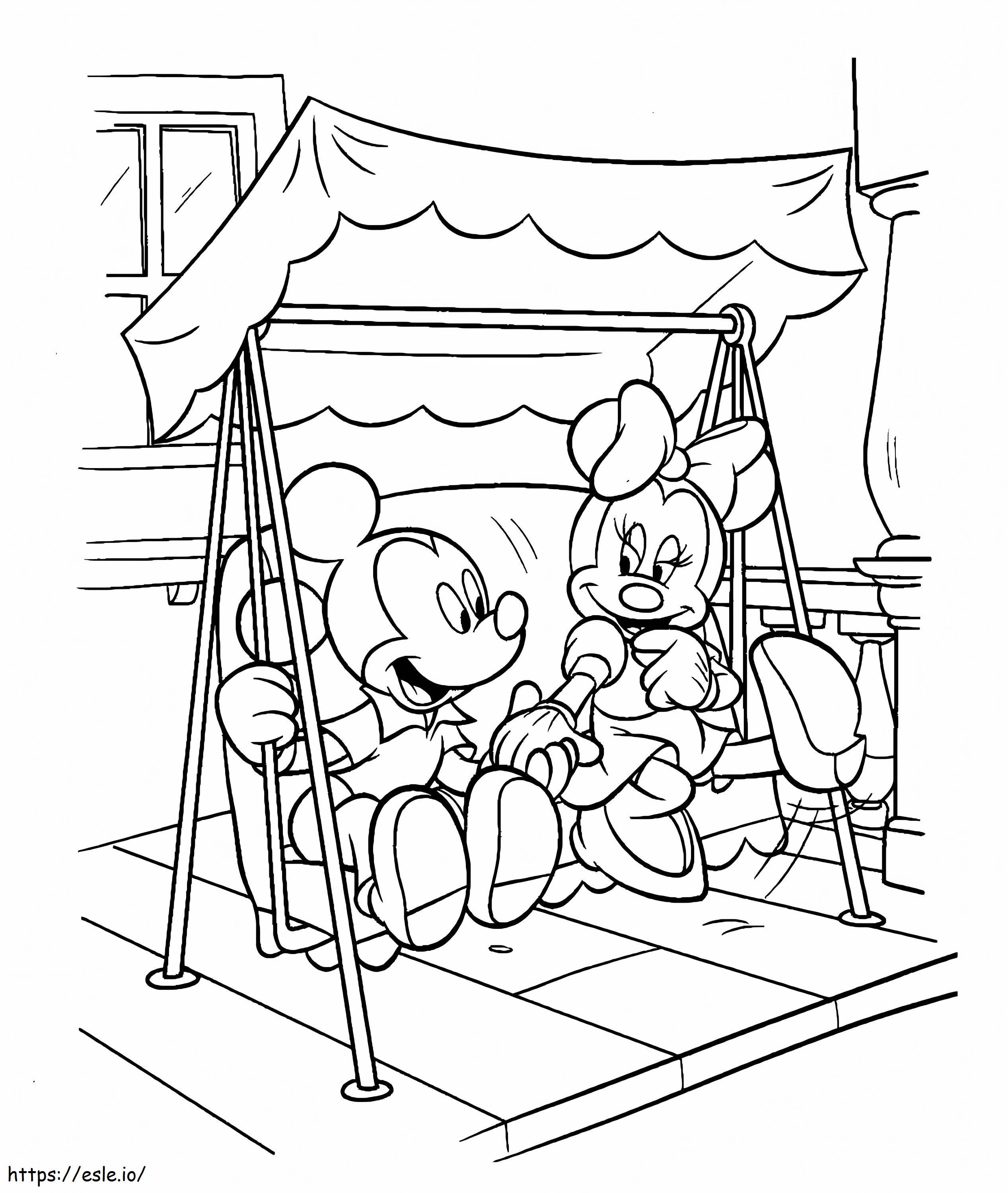 Mickey Mouse And Minnie Mouse Playing On The Swings coloring page