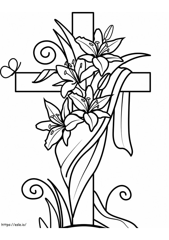 Pääsiäisristi ja liljat värityskuva