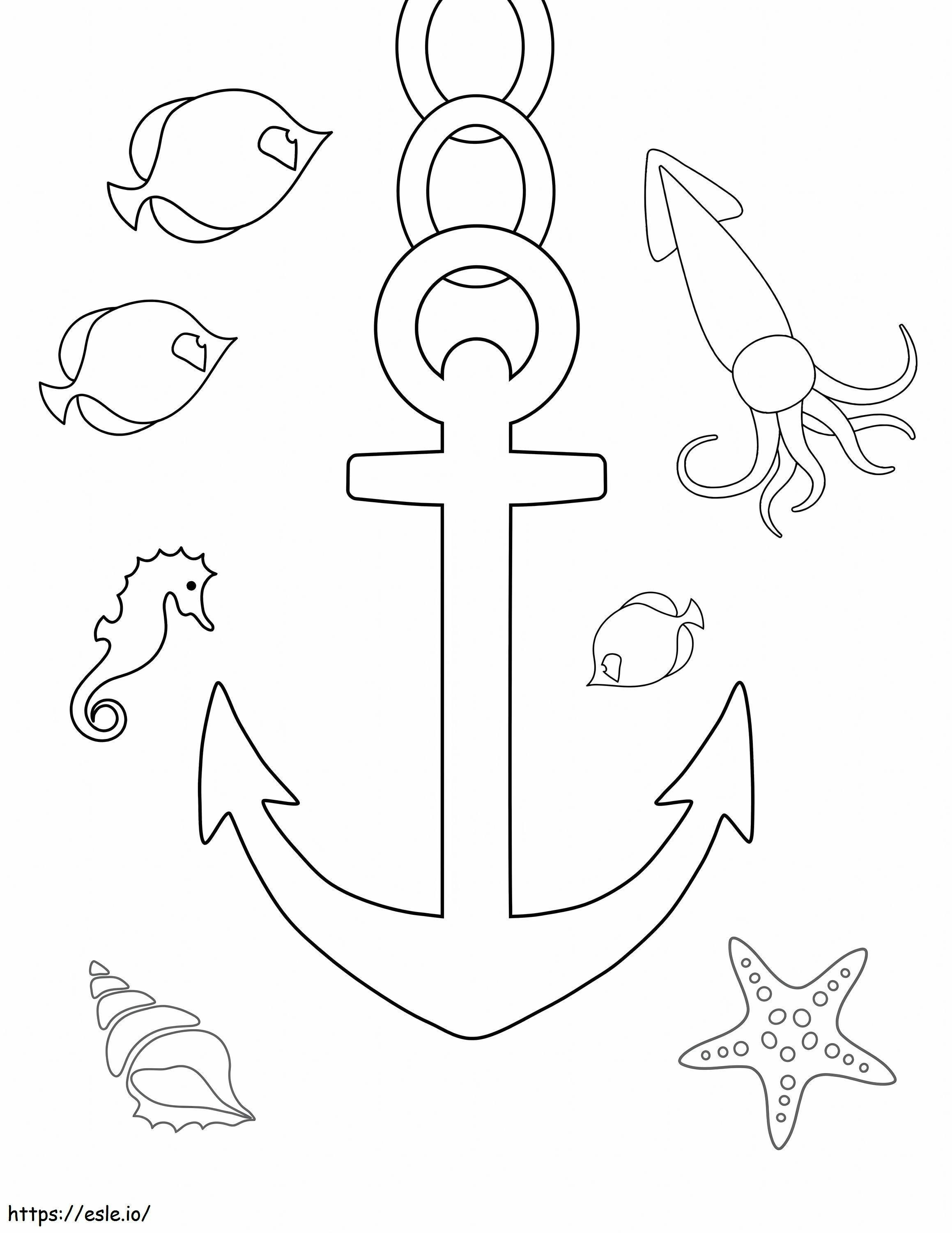 Coloriage Ancre avec animal marin à imprimer dessin