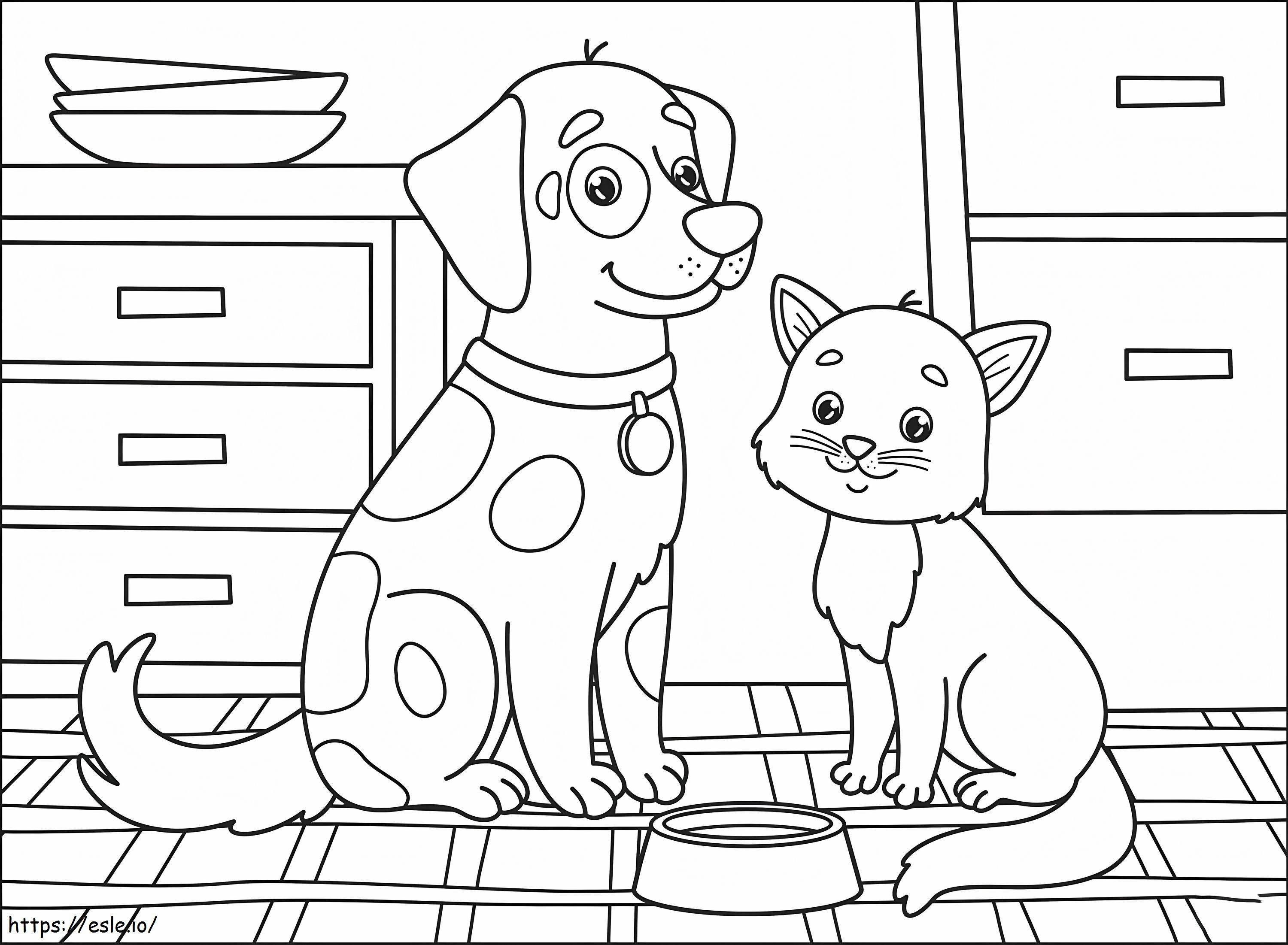 Coloriage Chien et chat dans la maison à imprimer dessin