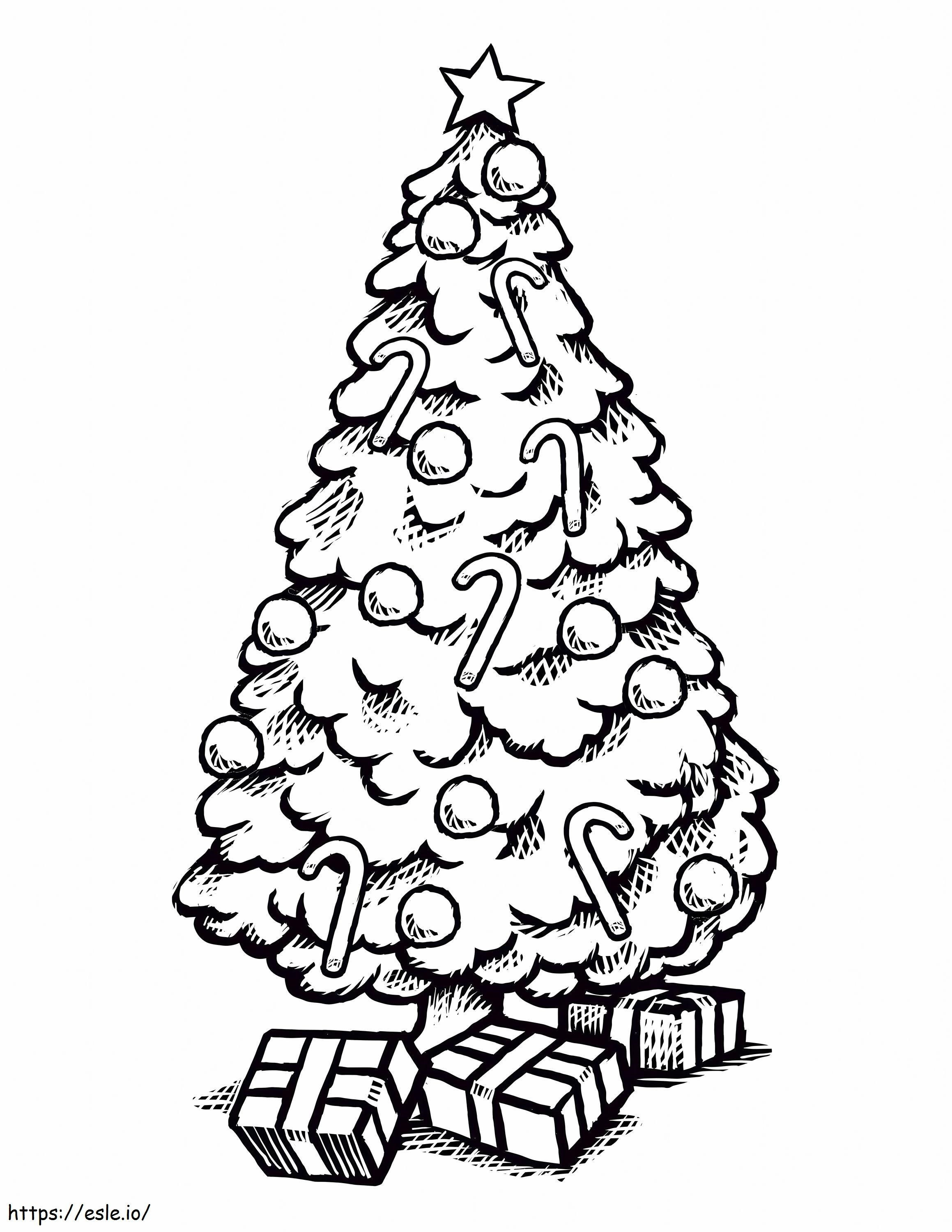 Coloriage Dessinez un arbre de Noël avec des coffrets cadeaux à l'échelle à imprimer dessin