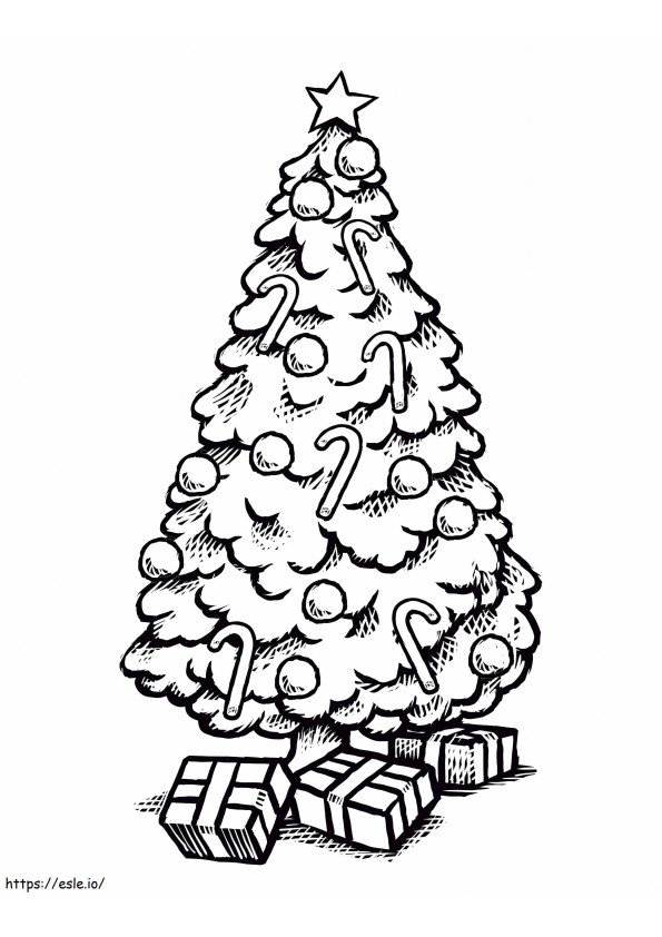 Coloriage Dessinez un arbre de Noël avec des coffrets cadeaux à l'échelle à imprimer dessin