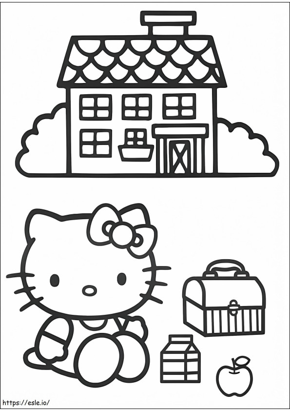Coloriage Hello Kitty assis devant la maison à imprimer dessin