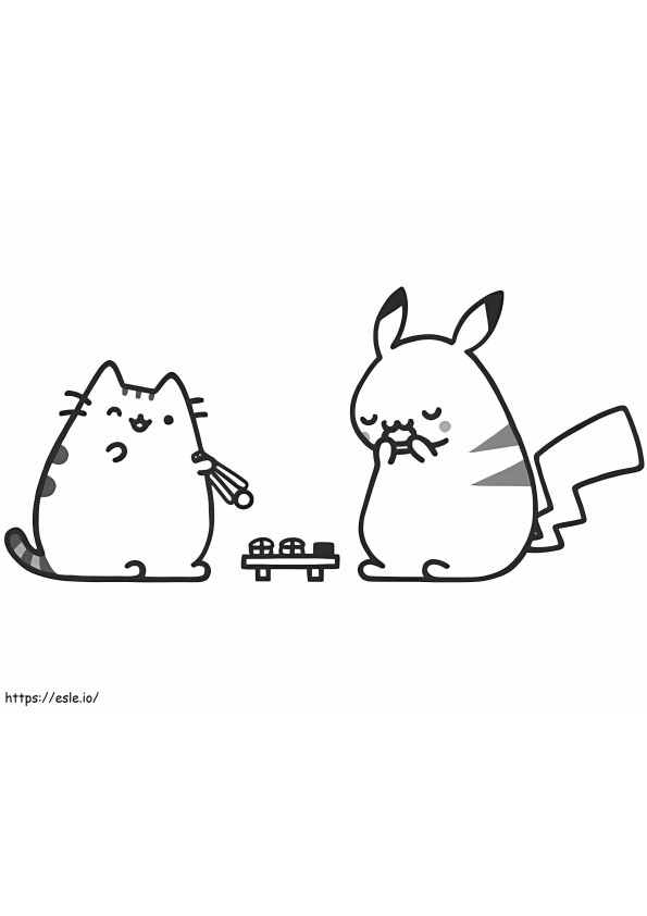 Pusheen And Pikachu Eating coloring page