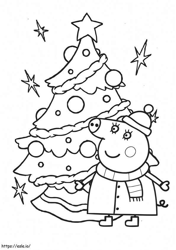 Peppa Pig Dengan Pohon Natal Gambar Mewarnai