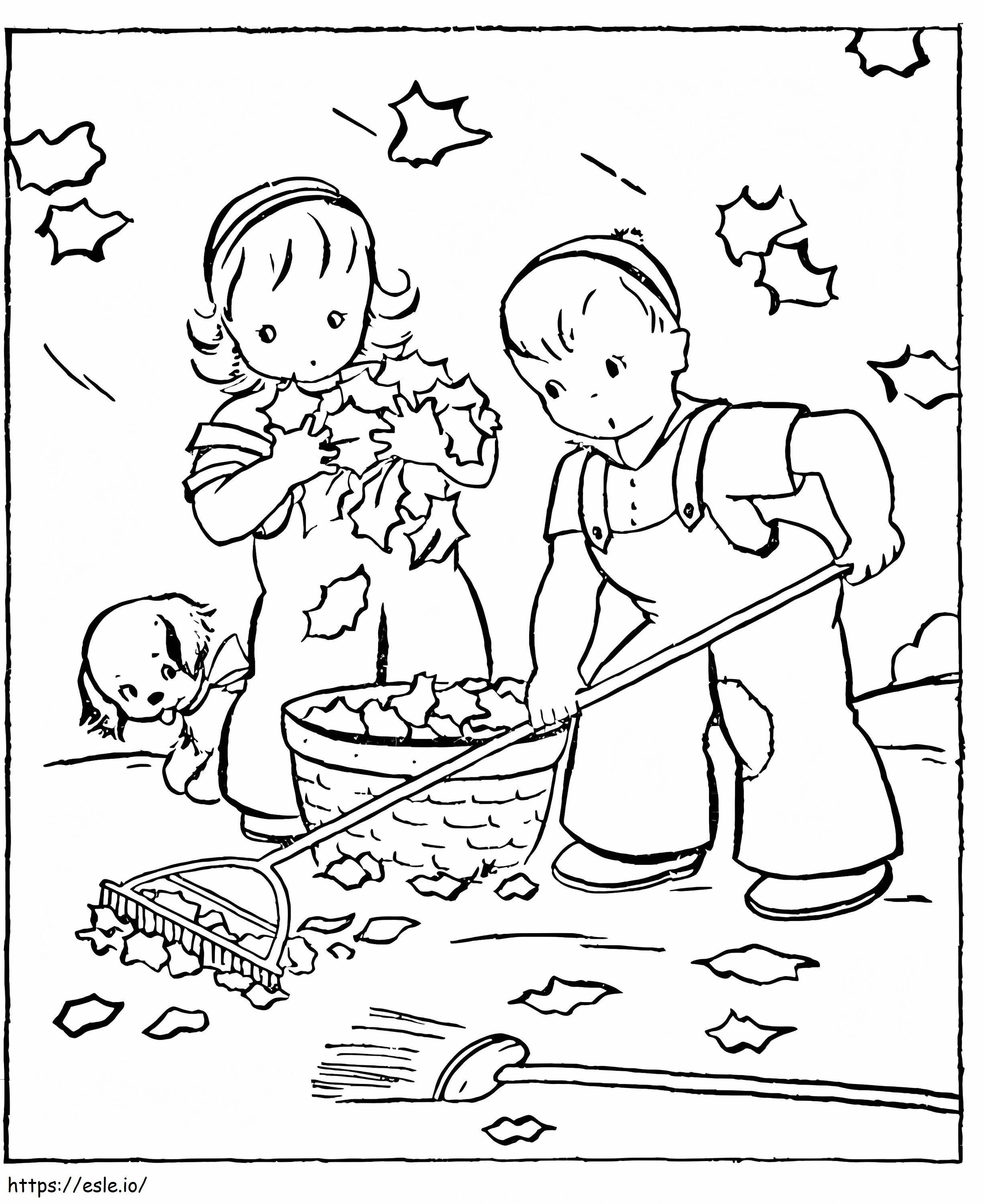 Coloriage Enfants rassemblant les feuilles qui tombent à imprimer dessin