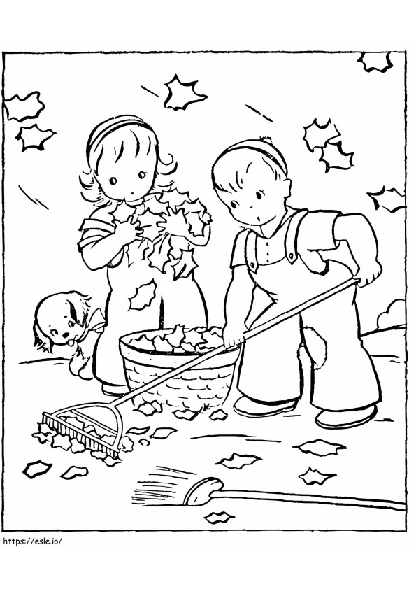 Crianças coletando folhas que caem para colorir