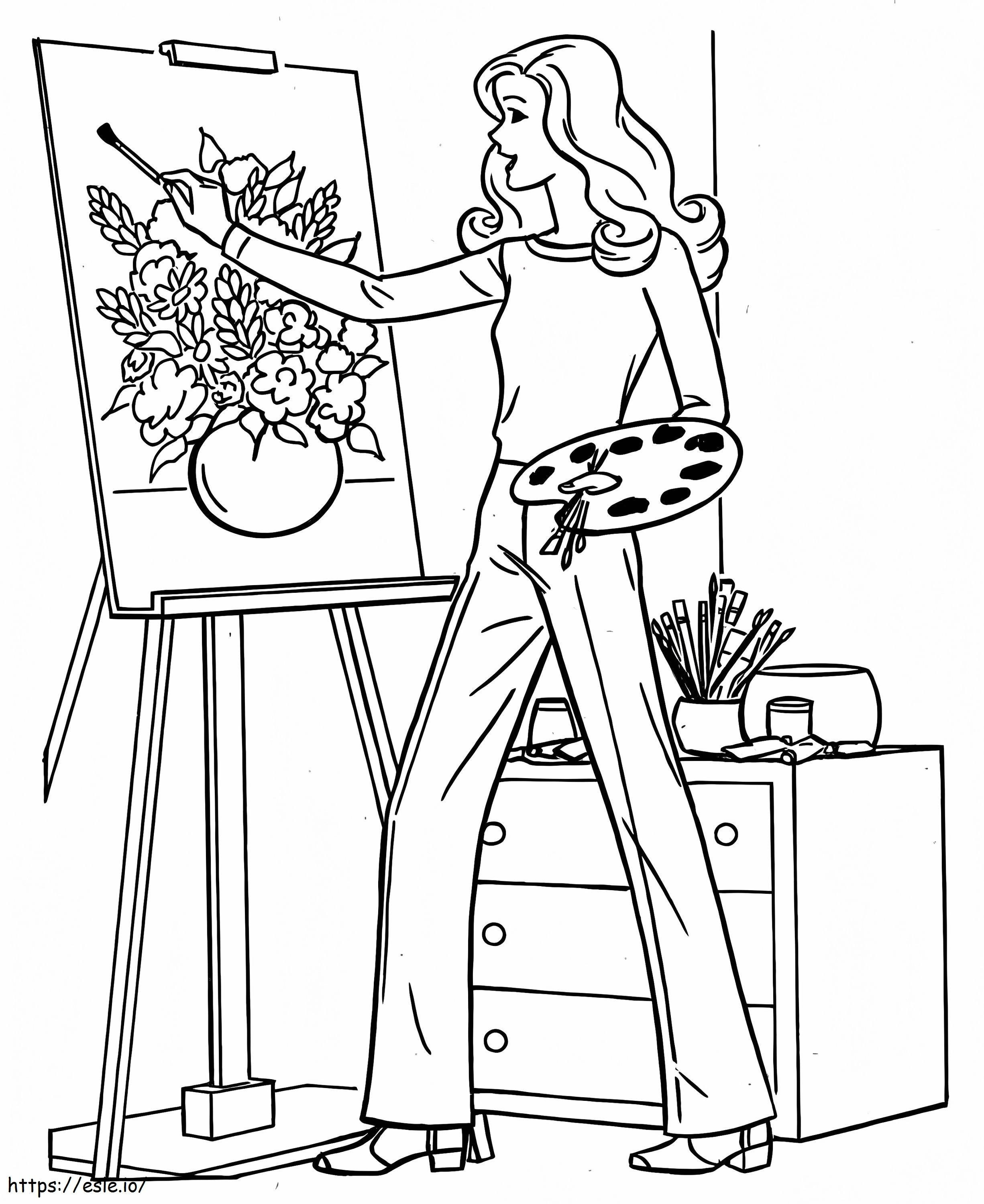 Taiteilija piirtää kukkia värityskuva
