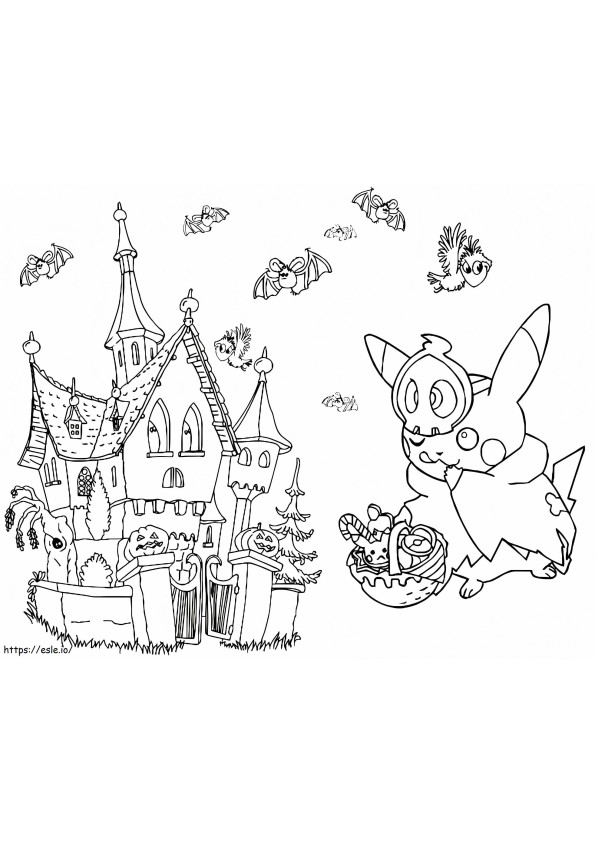 Coloriage Pikachu et maison hantée à imprimer dessin