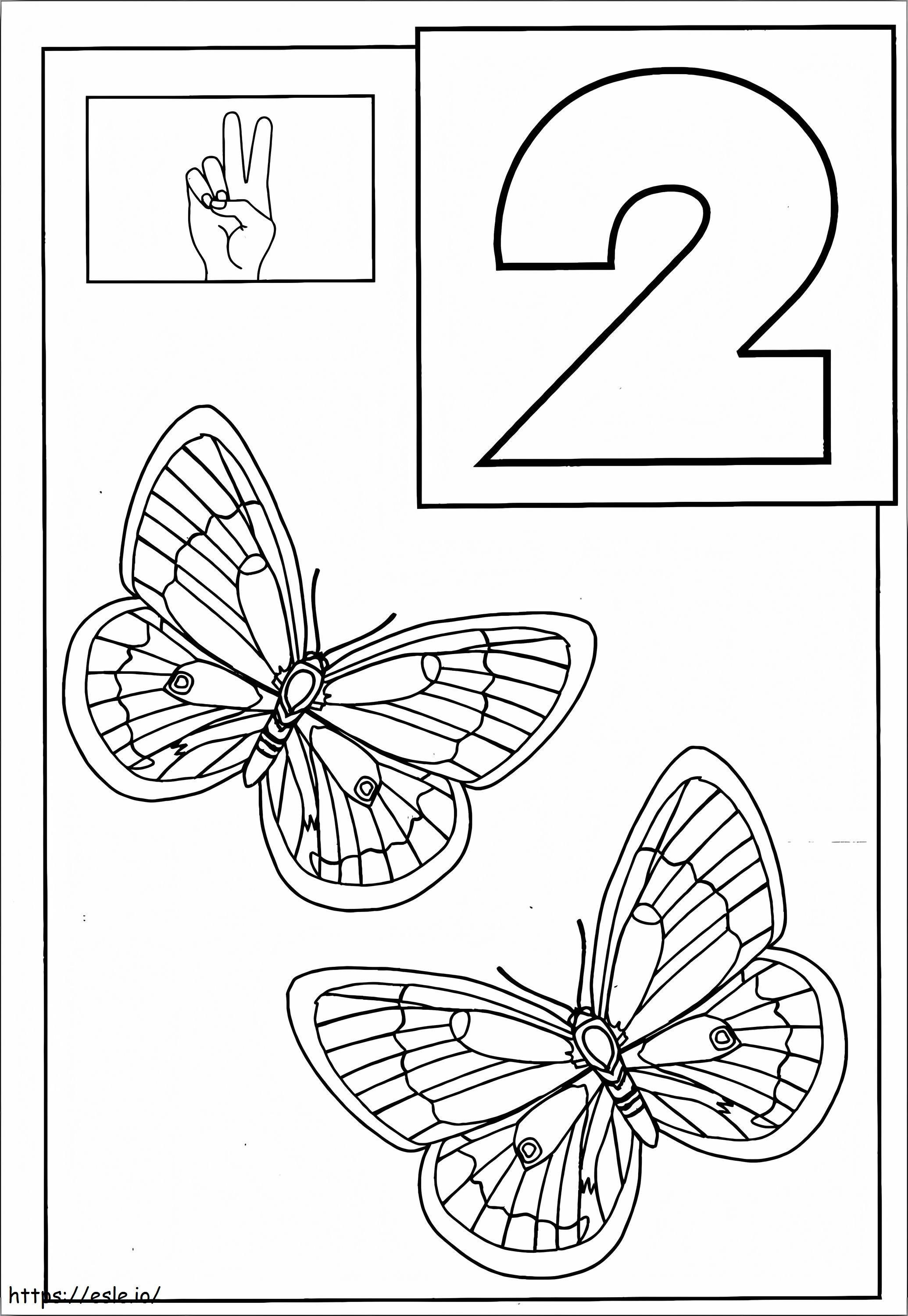 Numero 2 ja kaksi perhosta värityskuva