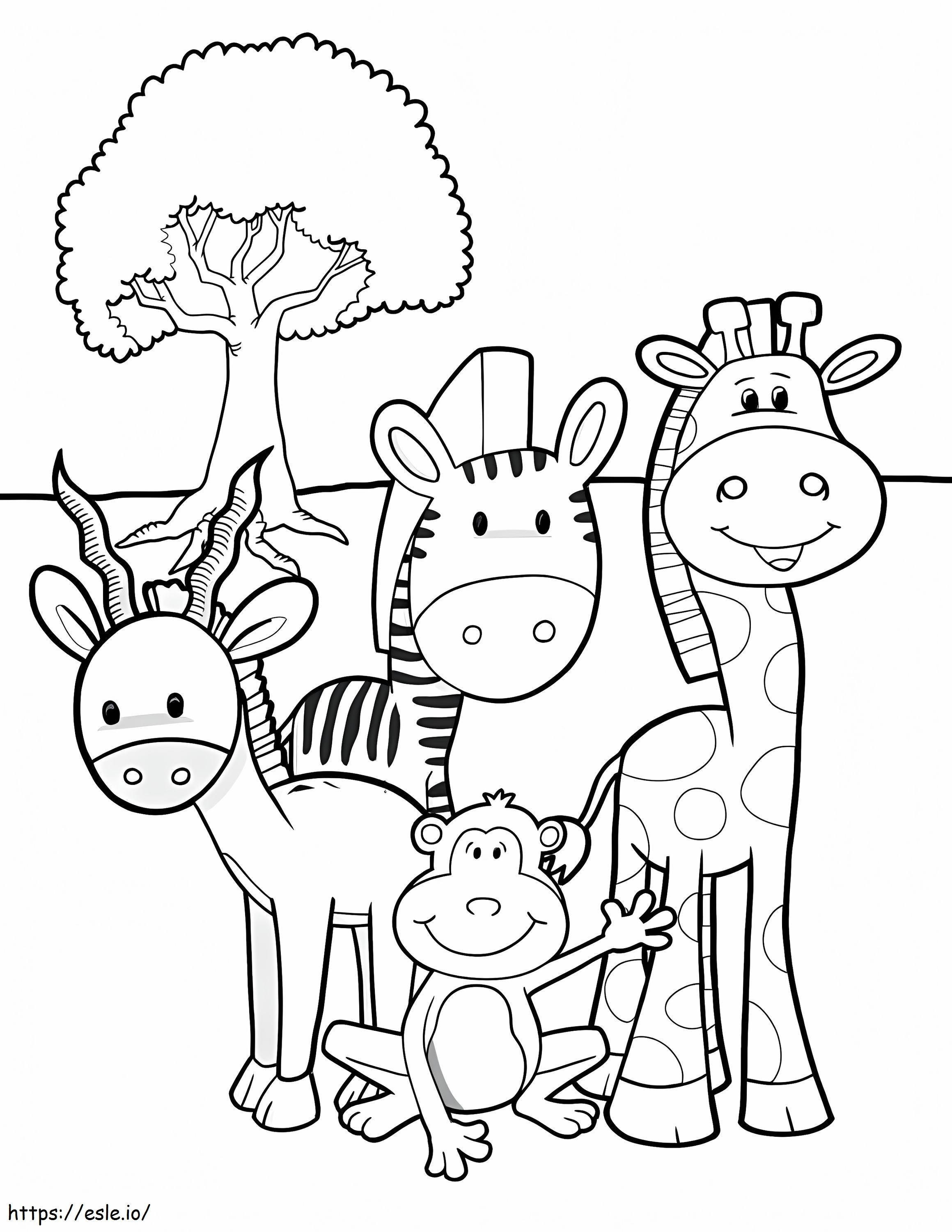 Patru animale și copac în grădina zoologică de colorat