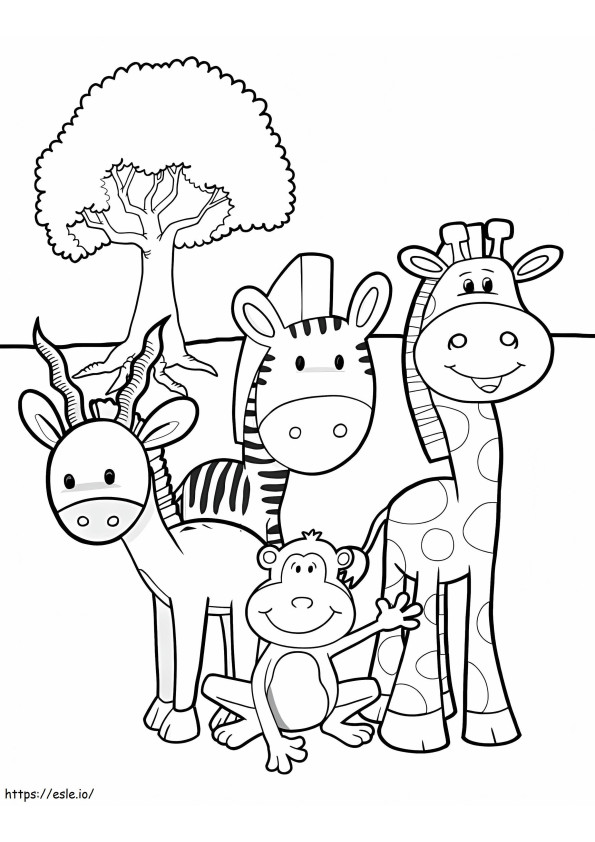 Coloriage Quatre animaux et arbre dans le zoo à imprimer dessin