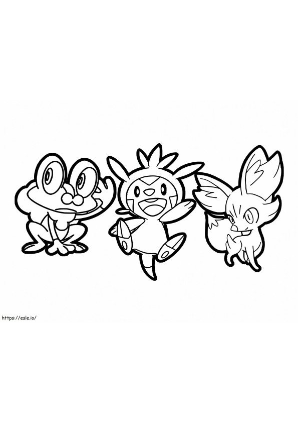Pokémon Froggy Chespin e Fennekin para colorir