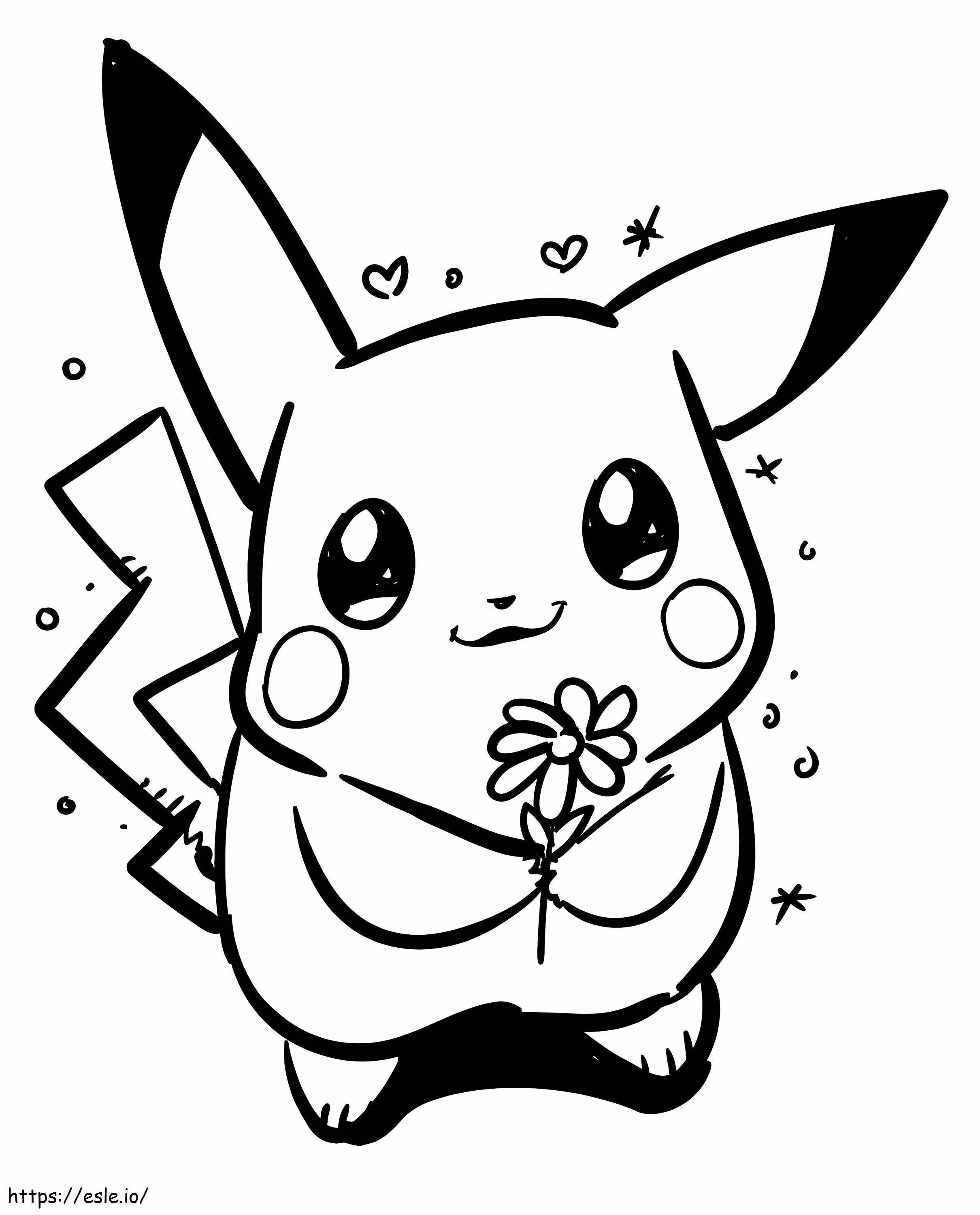Pikachu com flor para colorir