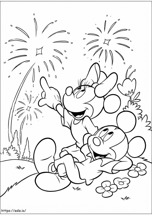 Mickey Mouse en Minnie Mouse kijken naar vuurwerk kleurplaat
