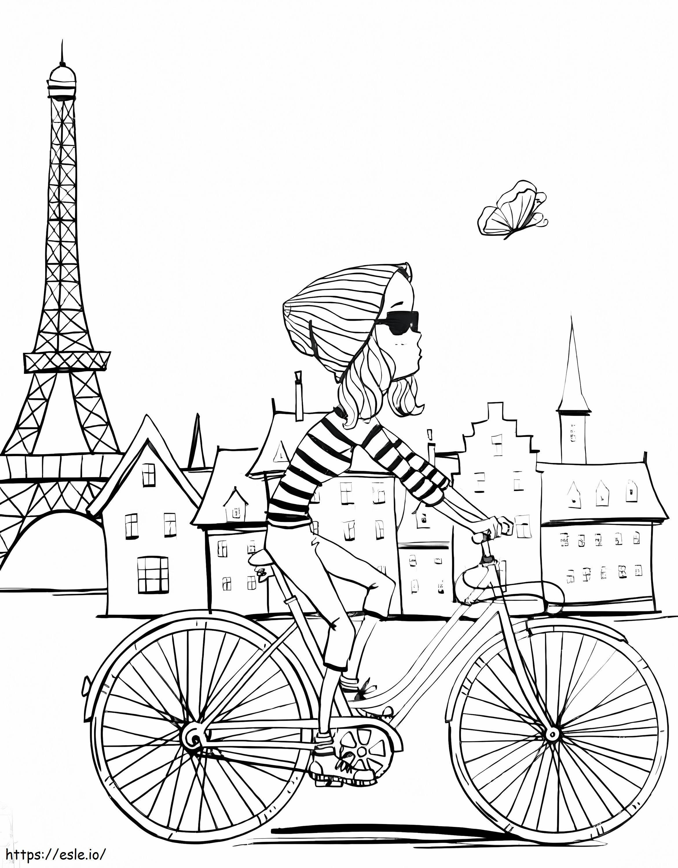 Tyttö polkupyörällä Pariisin kaupungissa värityskuva
