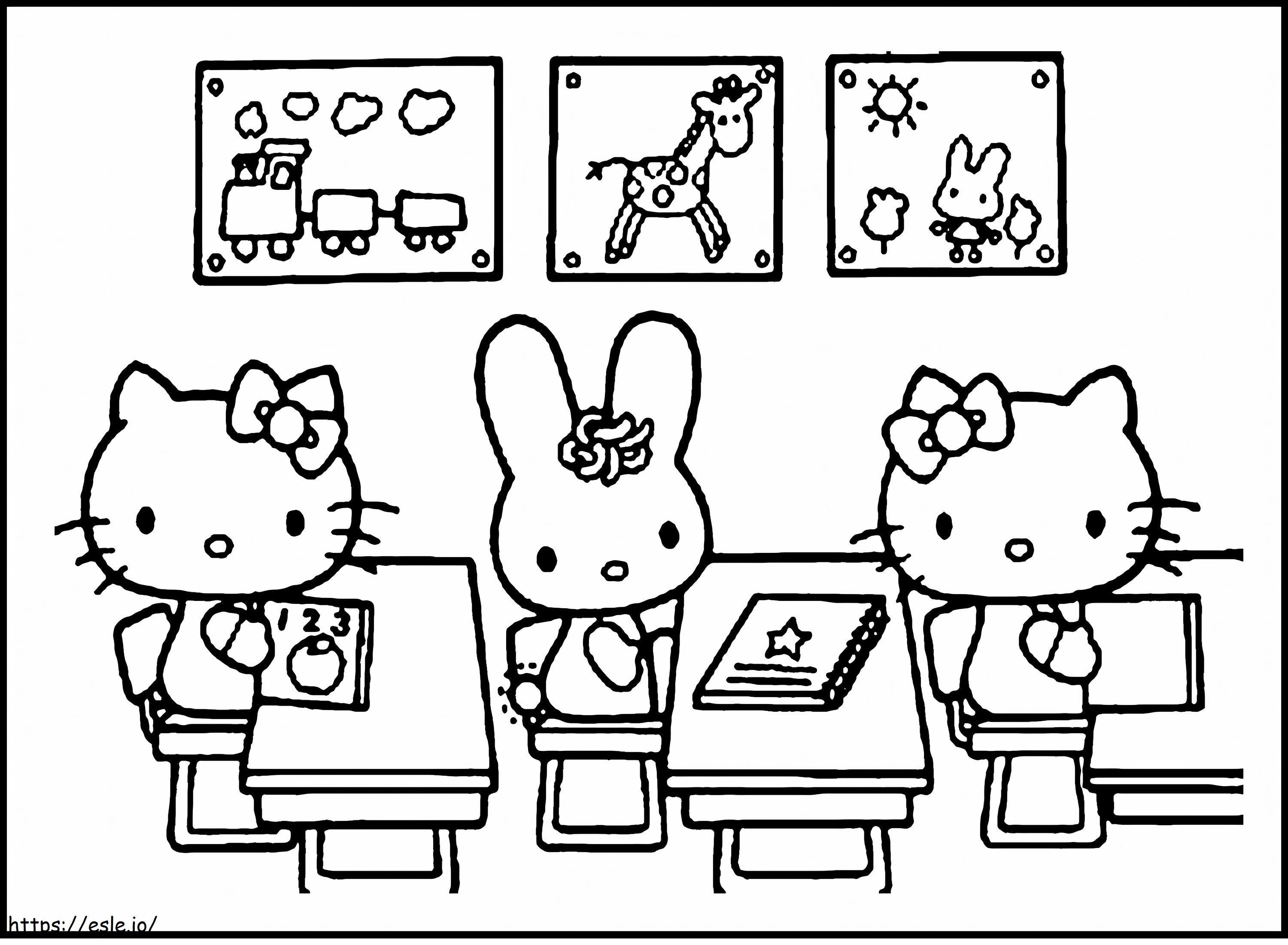 Hello Kitty e seus amigos sentados na sala de aula para colorir