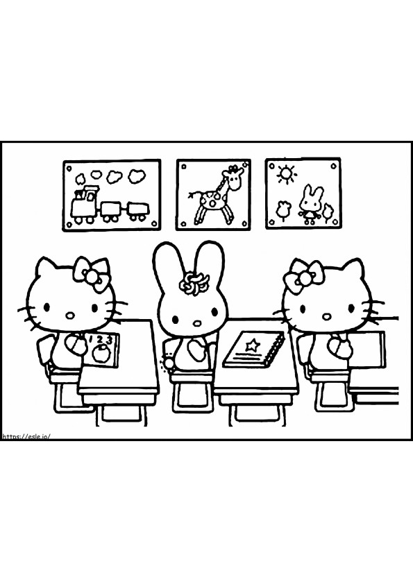 Hello Kitty y sus amigos sentados en el aula para colorear