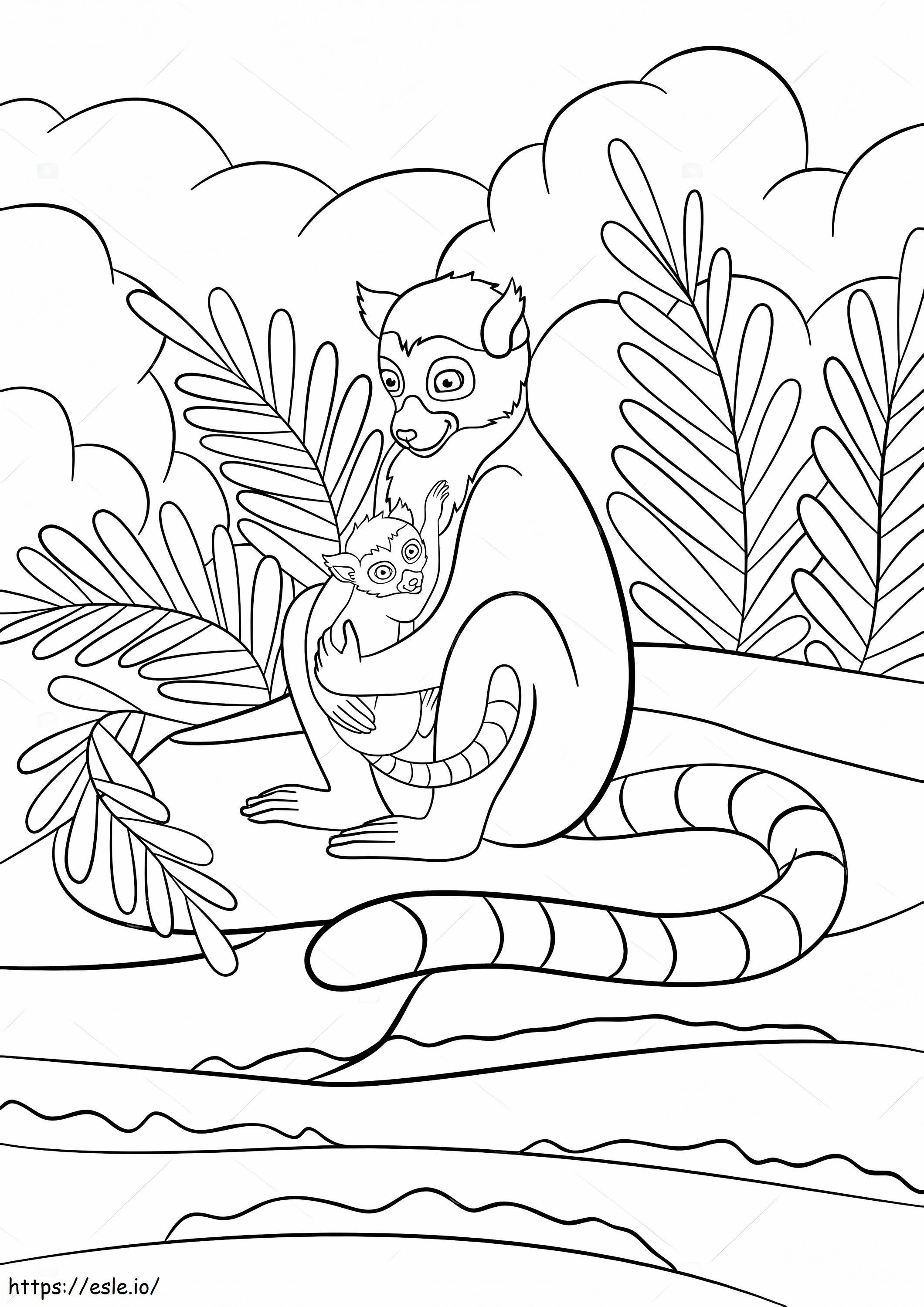 Mother Sits On The Stone Near The Sea With A Cute Baby Lemur coloring page