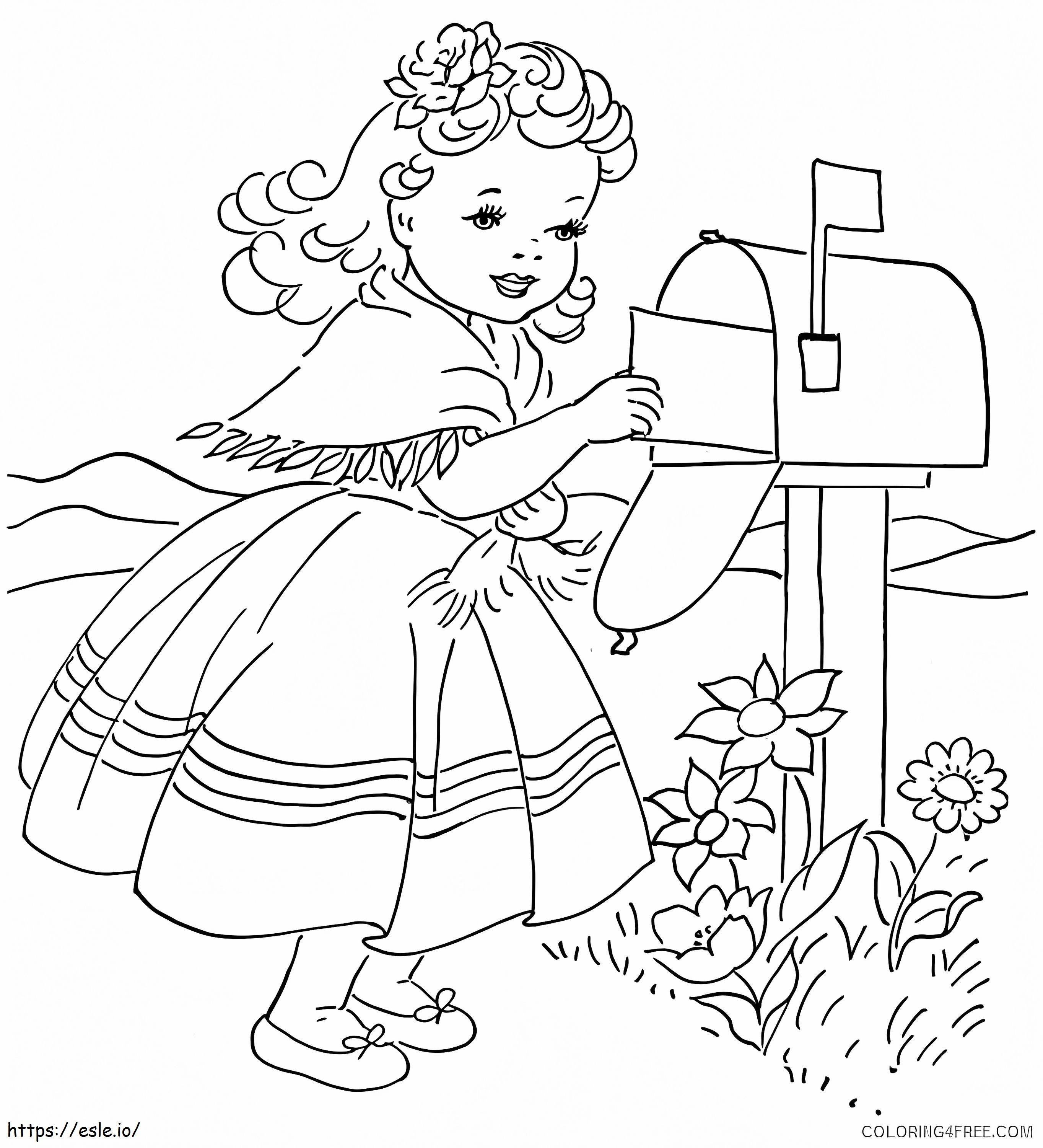 Menina enviando uma carta para colorir